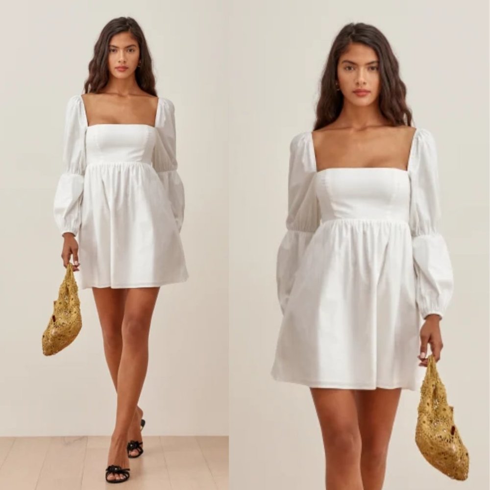 Reformation Michaela Mini Baby Doll Dress Sz 10 White Double Puff Sleeves
